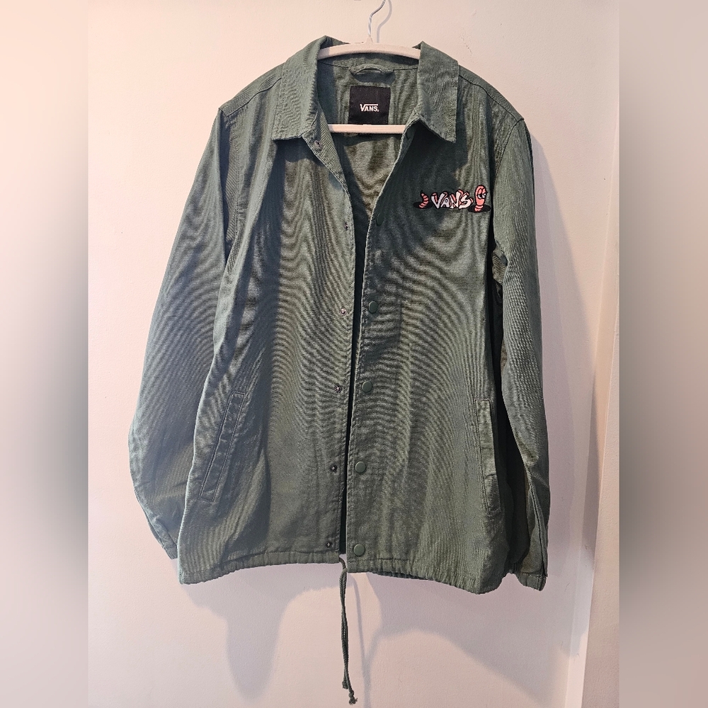 Vans Olive Green Coach Jacket Small Embroidered Logo Streetwear - Picture 2 of 5